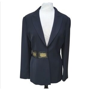 Manigance Paris Black Leather Metallic Mock Belt Snap Close Jacket / Blazer - 10